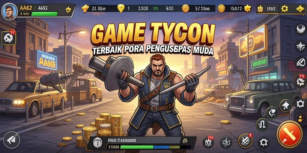 Tampilan gameplay AA62 yang menampilkan manajemen bisnis Tycoon.