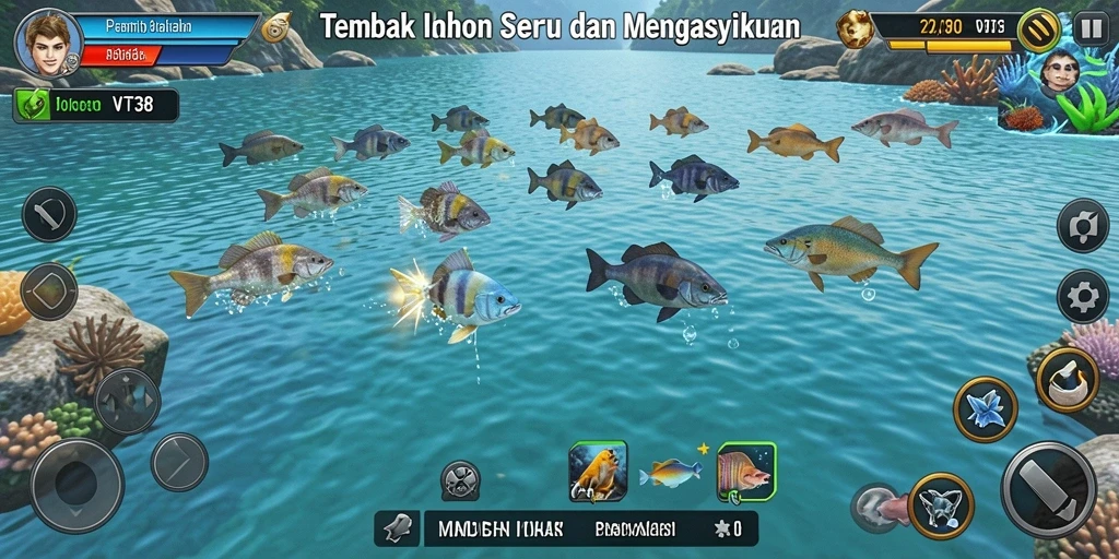 Screenshot gameplay VT38 menampilkan aksi seru menangkap ikan.