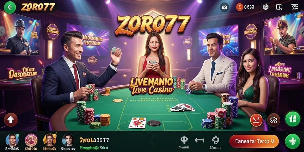 Screenshot utama ZORO77 menampilkan gameplay interaktif Live Casino.